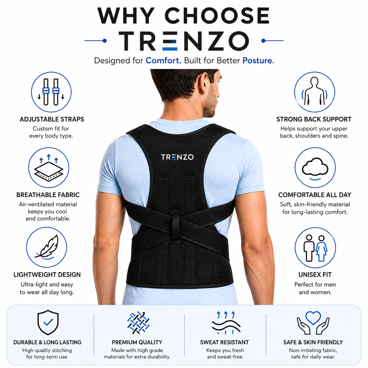Trenzo posture corrector relieves neck, shoulder and upper back pain