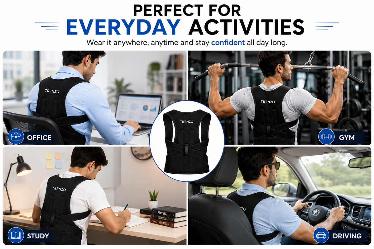 Wear Trenzo posture corrector at office, gym, driving or studying